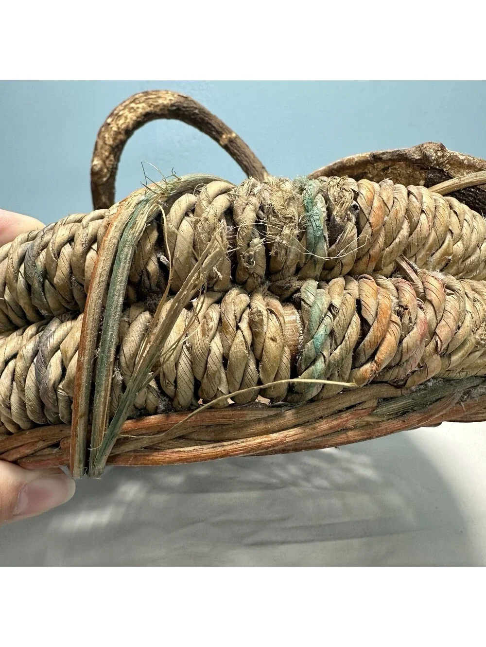 Vintage Rustic Twig Handle Woven Basket Boho Gathering Vine Handle Coil Wicker